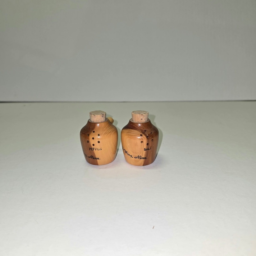 Vintage Red Wing Minnesota Cedar Wood Salt and Pepper Shakers Jug Style Cork Set